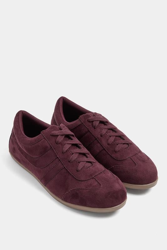  Yours Burgundy Red Faux Suede Low Retro Stripe Trainers In Extra Wide EEE Fit