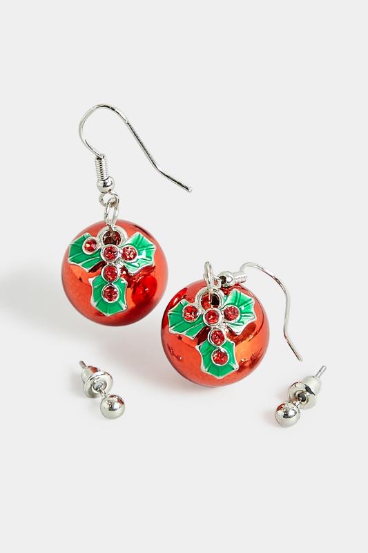 2 PACK Red & Silver Christmas Pudding Earrings | Yours Clothing 3
