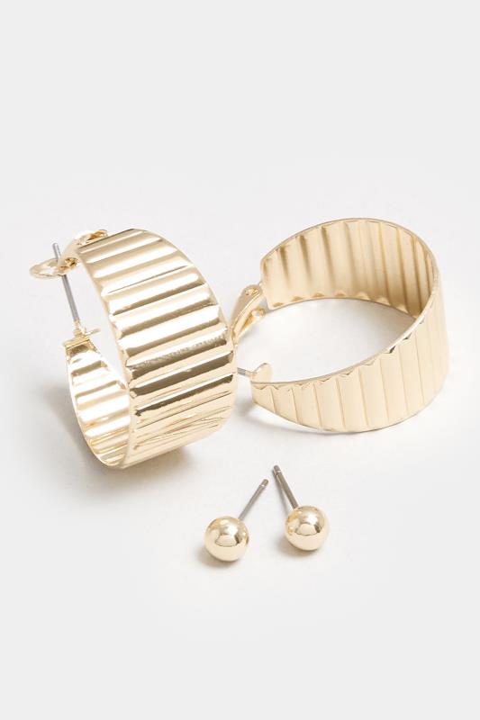 2 PACK Gold Textured Hoop Stud Earrings Set | Yours Clothing 3