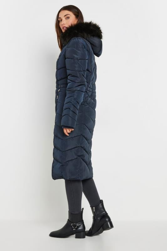 LTS Tall Women's Navy Blue Faux Fur Trim Padded Longline Coat | Long Tall Sally 3