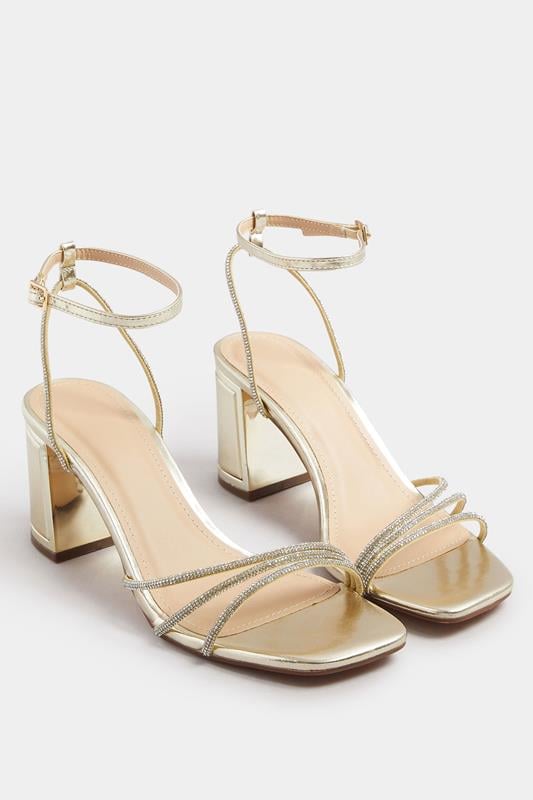 Gold Asymmetric Diamante Block Heel Sandals In Standard Fit | Yours Clothing 1
