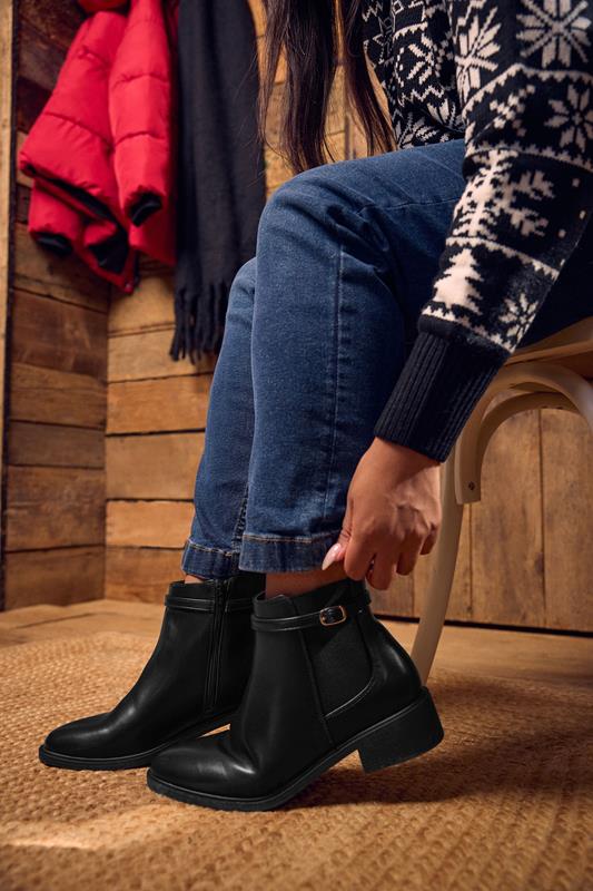Plus Size  Yours Black Faux Leather Buckle Stretch Ankle Boots In Wide E Fit & Extra Wide EEE Fit