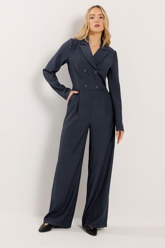 Tall  LTS Tall Navy Blue Open Collar Wide Leg Jumpsuit