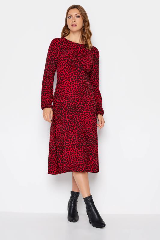 LTS Tall Red Long Sleeve Animal Print Midi Tea Dress 1