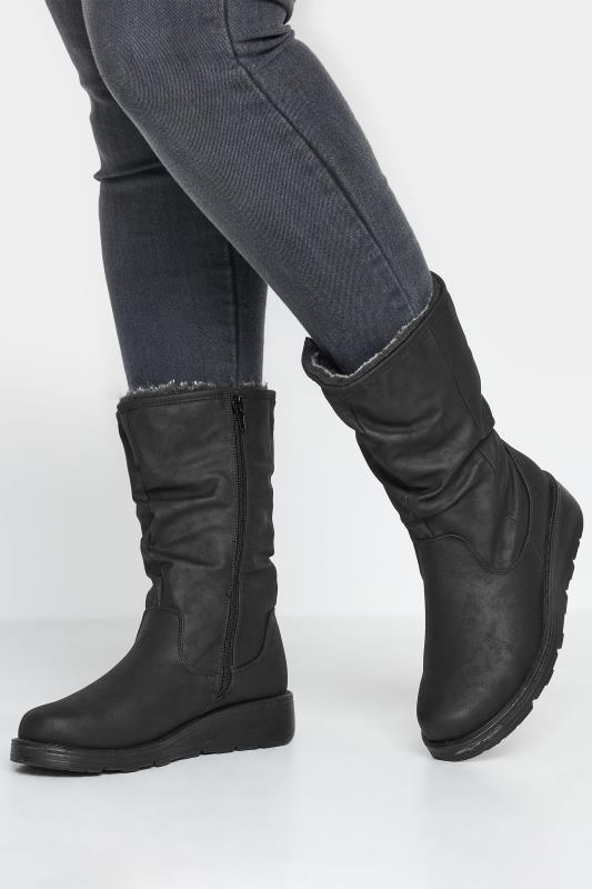Plus Size  Yours Black Fur Lined Calf Boots In Wide E Fit & Wide EEE Fit