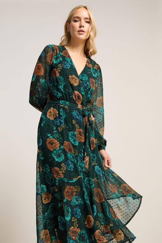 LTS Tall Dark Green Floral Chiffon Dobby Dress | Long Tall Sally 2