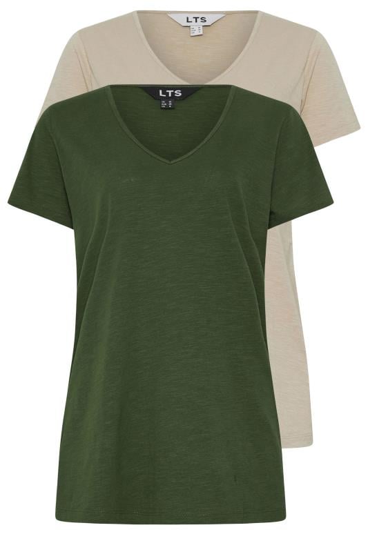 LTS Tall 2 Pack Khaki Green & Stone Brown V-Neck T-Shirts | Long Tall Sally  7