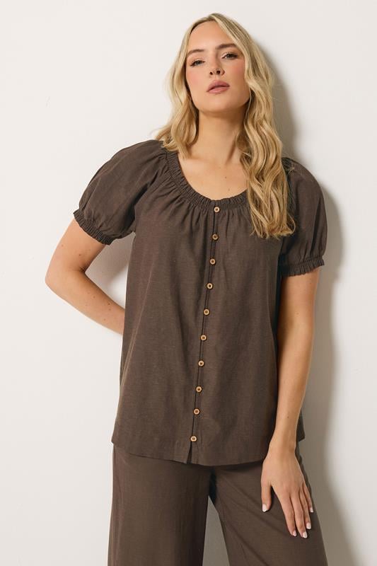  LTS Tall Chocolate Brown Linen Button Blouse