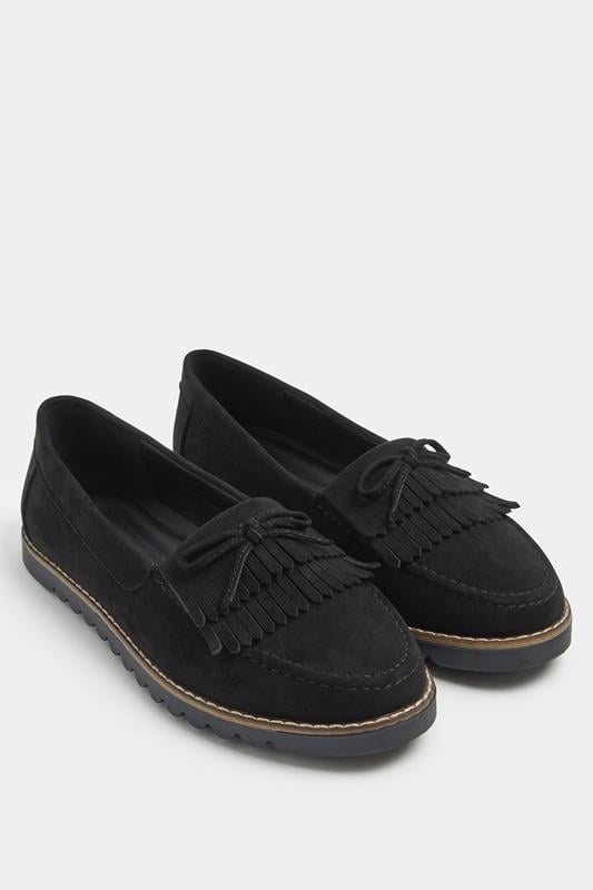 Black Faux Suede Fringe Loafers In Wide E Fit | Yours Clothing 1