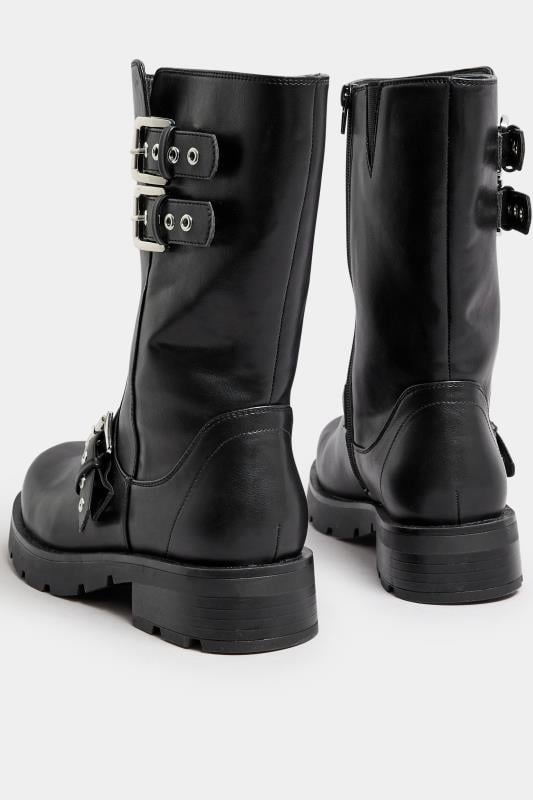 Black Faux Leather Biker Calf Boots In Extra Wide EEE Fit | Yours Clothing  4