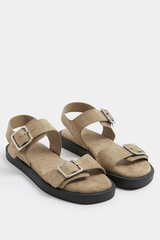  Yours Taupe Brown Buckle Chunky Sandals In Wide E Fit