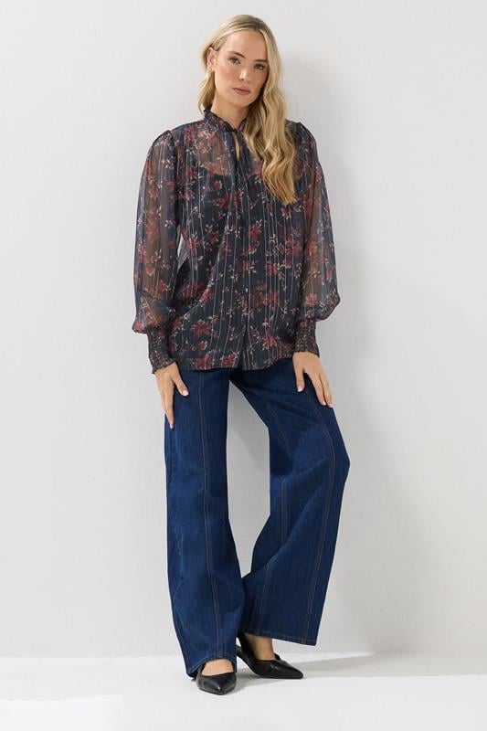 LTS Tall Navy Blue Floral Print Frill Neck Blouse | Long Tall Sally 2