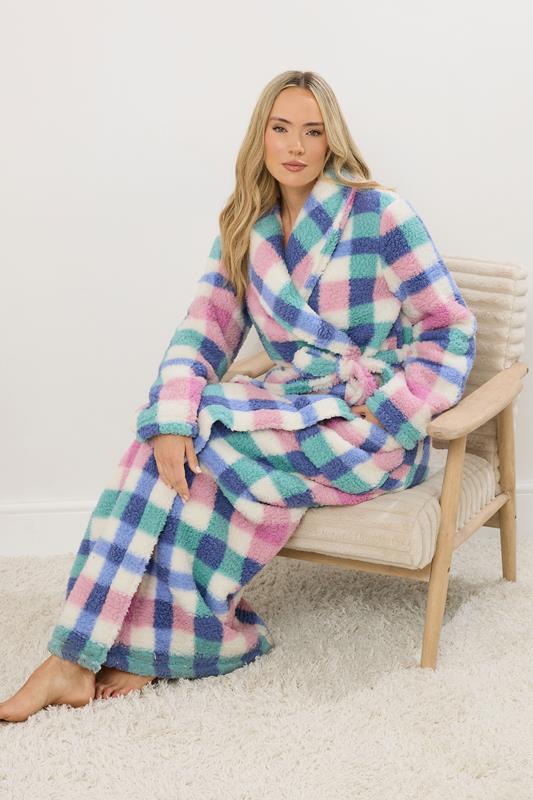 LTS Tall Blue & Pink Check Shawl Dressing Gown | Long Tall Sally 2