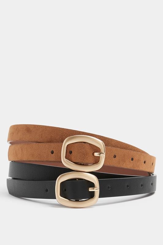 YOURSET 2 PACK Black & Brown Oval Buckle Belts | Yours Clothing 1