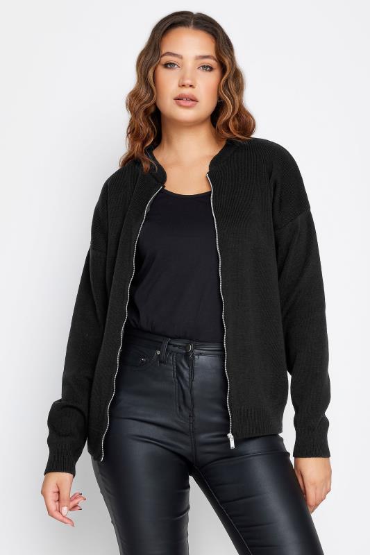 LTS Tall Black Knitted Bomber Jacket | Long Tall Sally  1