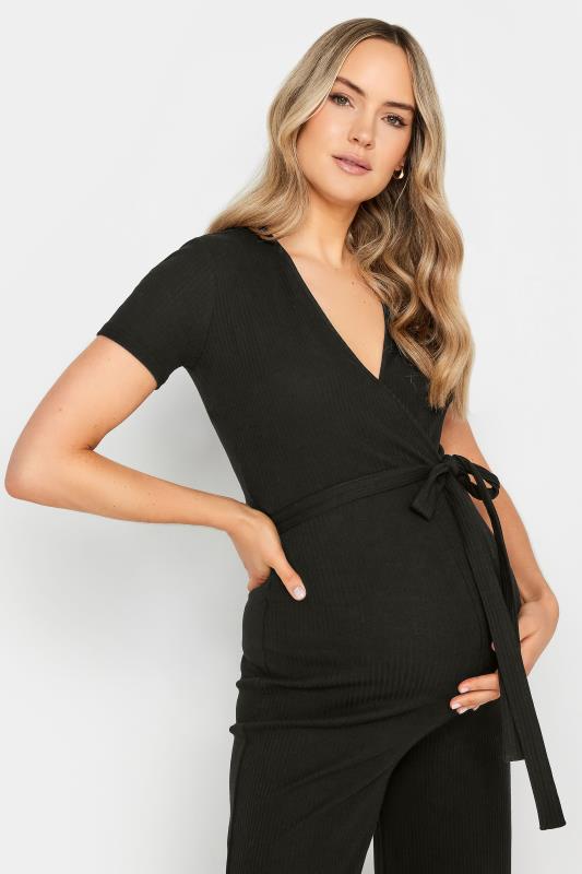 LTS Tall Black Ribbed Wrap Maternity Jumpsuit | Long Tall Sally  4