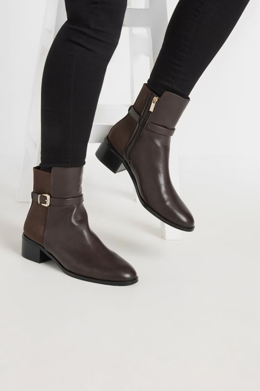 Tall  LTS Chocolate Brown Block Heel Buckle Ankle Boots In Standard Fit