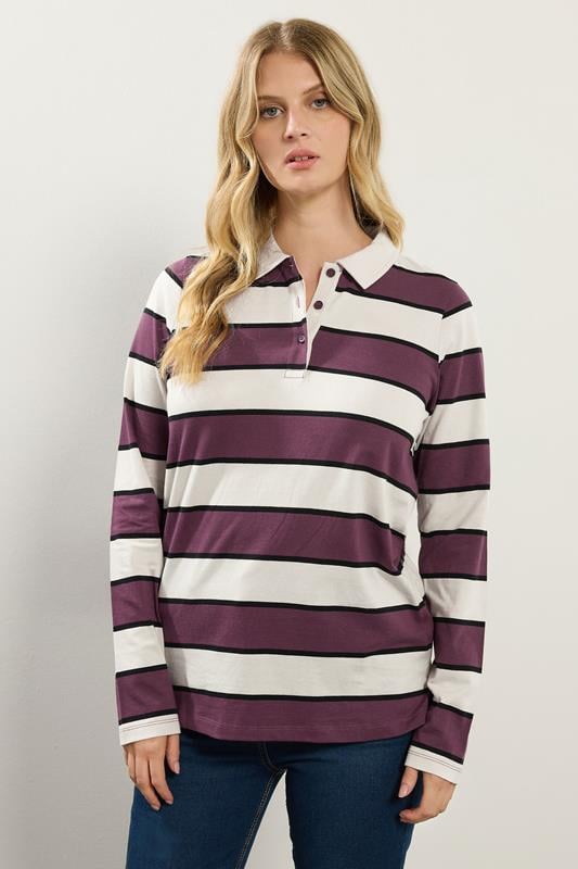 LTS Tall Ivory White Striped Jersey Polo Top | Long Tall Sally 1