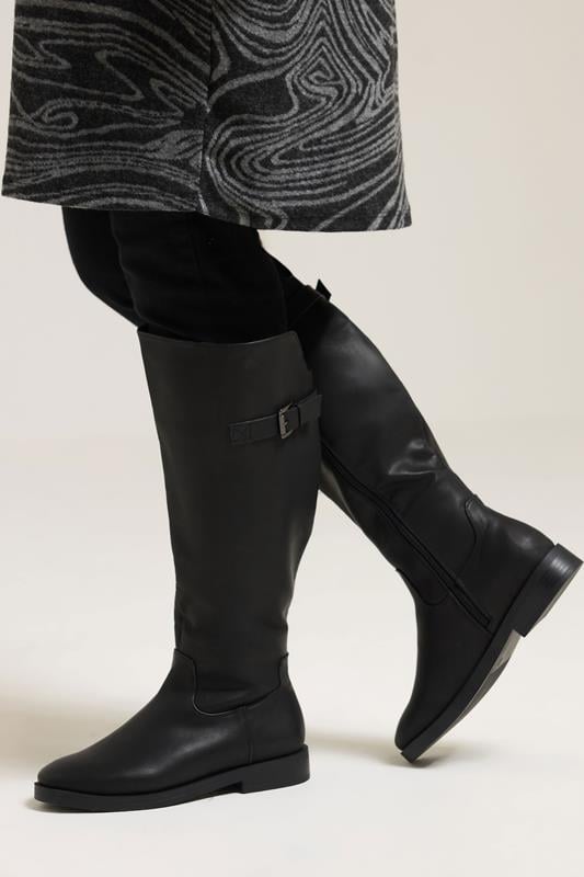 Black Faux Leather Buckle Detail Knee High Boots In Extra Wide EEE Fit | Yours Clothing 1