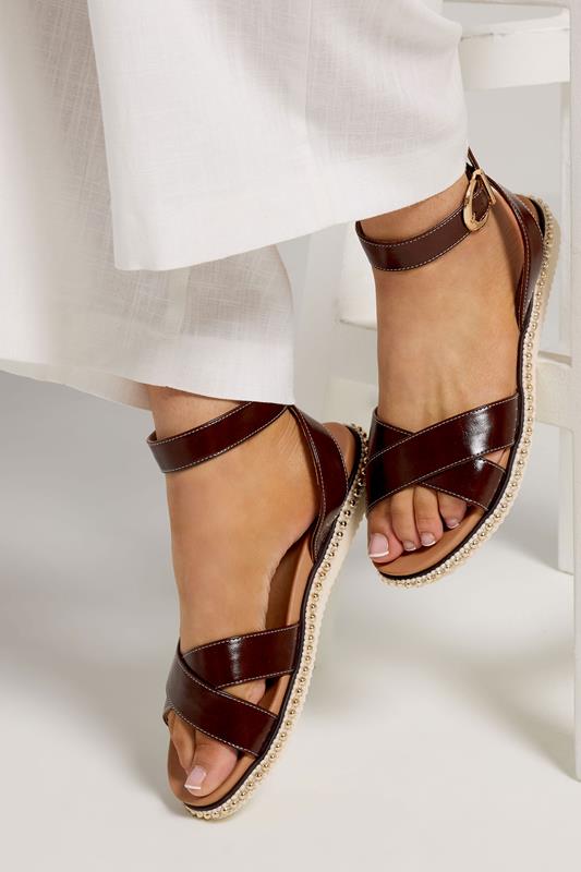 Chocolate Brown Cross Over Strap Sandals In Wide E Fit | Yours Clothing 1