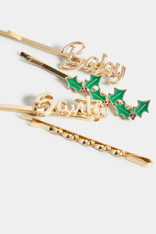 4 PACK Gold 'Santa Baby' Christmas Hairslide Set | Yours Clothing 5
