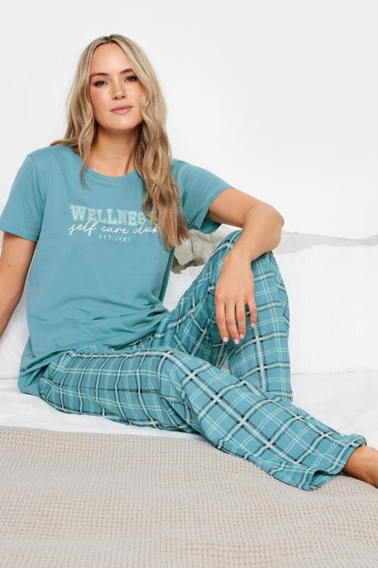 LTS Tall Blue Check Print Slogan Pyjama Trouser Set | Long Tall Sally 1