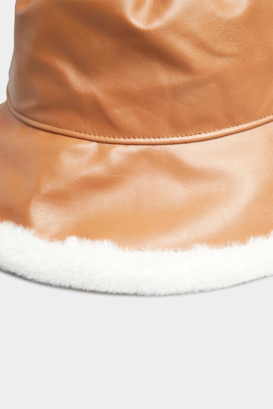 Tan Brown Faux Leather Fur Trim Bucket Hat | Yours Clothing 3
