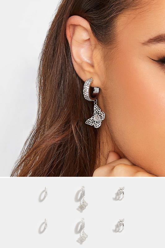 3 PACK Silver Diamante Butterfly Earrings | Yours Clothing  1