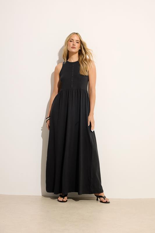  LTS Tall Black Button Detail Cotton Maxi Dress
