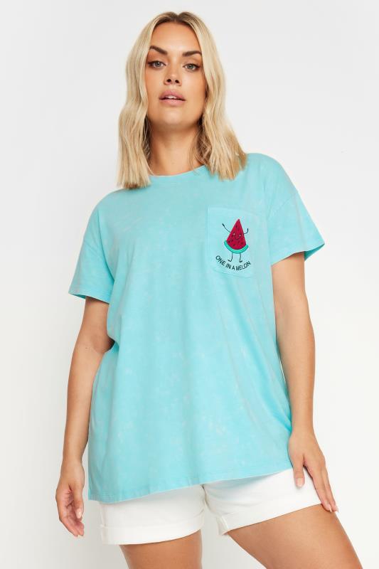 Plus Size  YOURS Curve Blue 'One In A Melon' Embroidered T-Shirt
