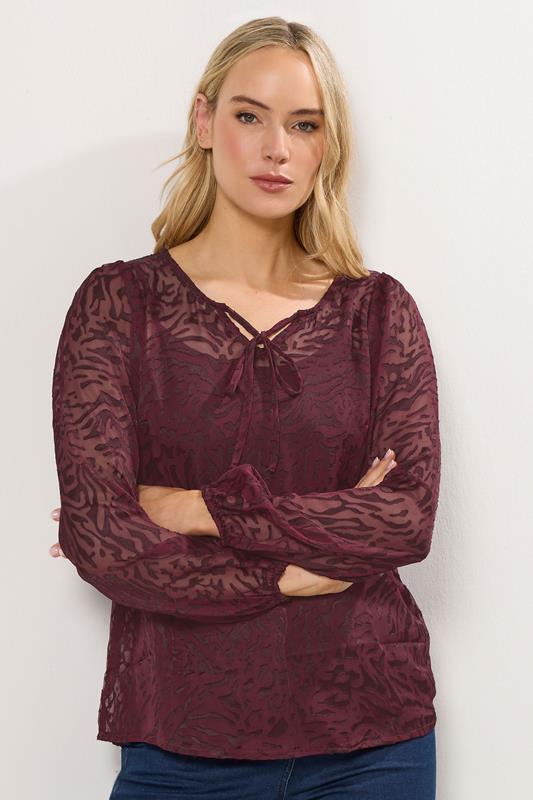 Tall  LTS Tall Burgundy Red Animal Burnout Tie Blouse