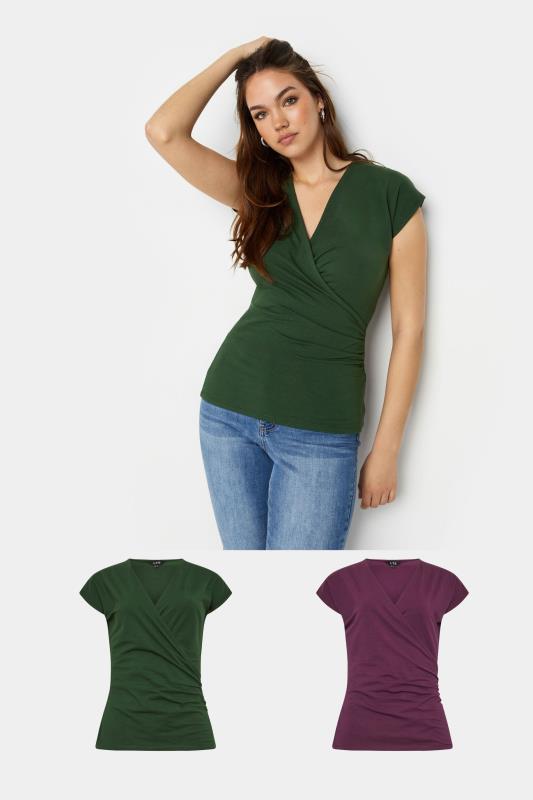 LTS Tall Women's 2 PACK Forest Green & Wine Red Short Sleeve Wrap Tops | Long Tall Sally 1