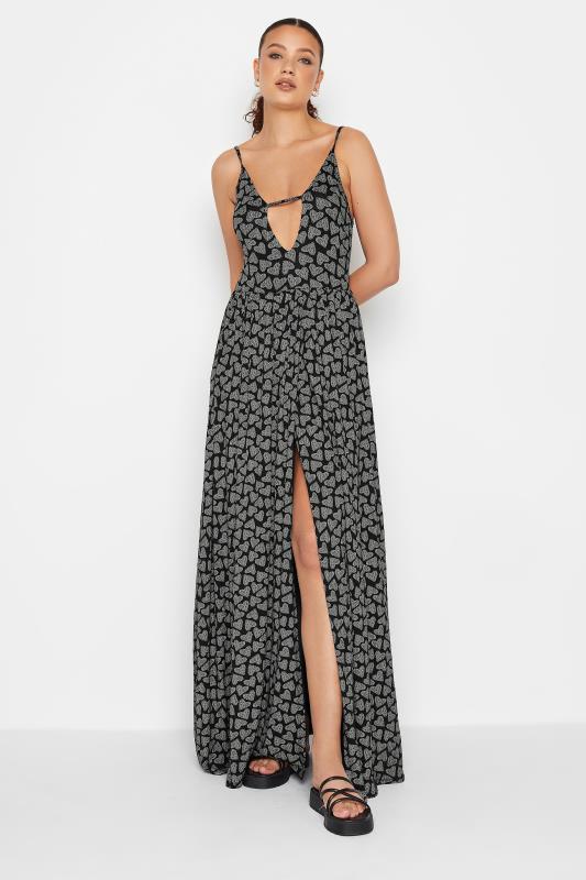 LTS Tall Women's Black Heart Print Plunge Strappy Maxi Dress | Yours Clothing 1