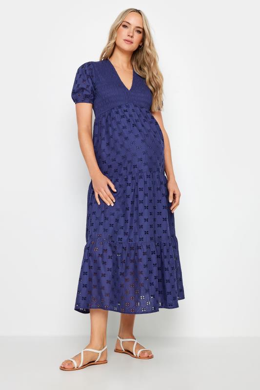 Tall  LTS Tall Maternity Navy Blue Broderie Anglaise Tiered Midaxi Dress
