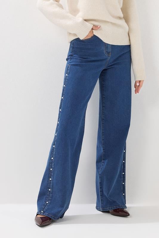 LTS Tall Dark Blue Pearl Detail Wide Leg Jeans | Long Tall Sally 2
