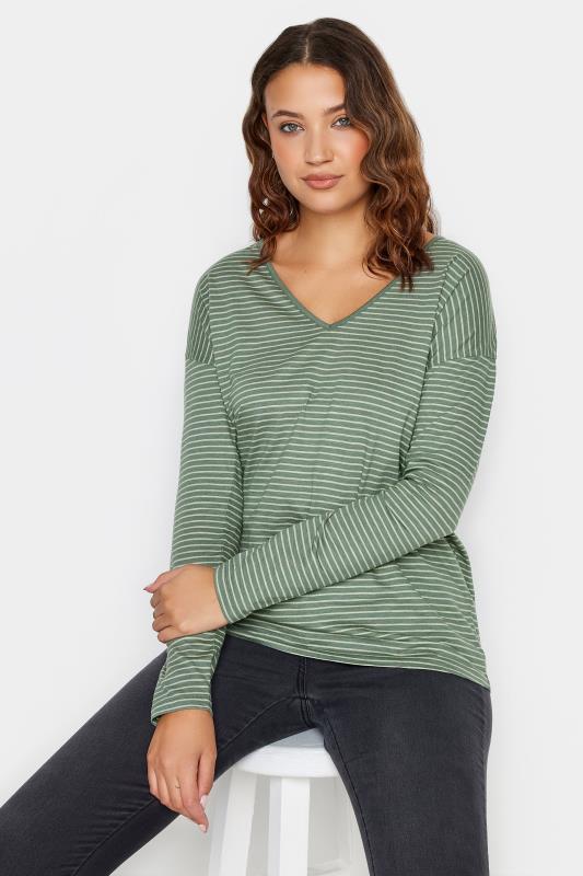 Tall  LTS Tall Sage Green & White Stripe V-Neck Cotton T-Shirt