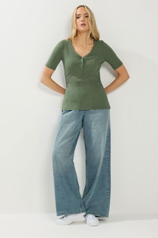 LTS Tall Green Ribbed Short Sleeve Henley Top | Long Tall Sally 2