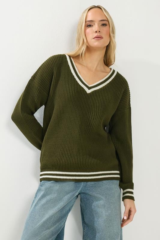 Tall  LTS Tall Khaki Green Stripe V-Neck Jumper