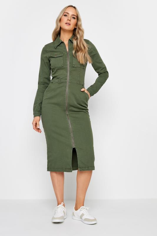 LTS Tall Womens Khaki Green Denim Zip Through Midi Dress | Long Tall Sally 3