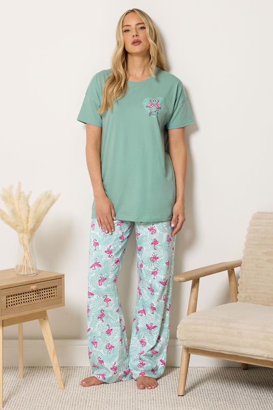  LTS Tall Green Flamingo Print Cotton Wide Leg Pyjama Set