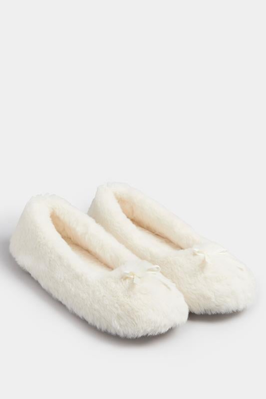 Plus Size  Yours Cream Plush Bow Front Ballet Slippers