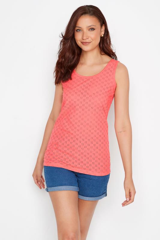 LTS Tall Women's Coral Pink Broderie Anglaise Vest Top | Long Tall Sally 1