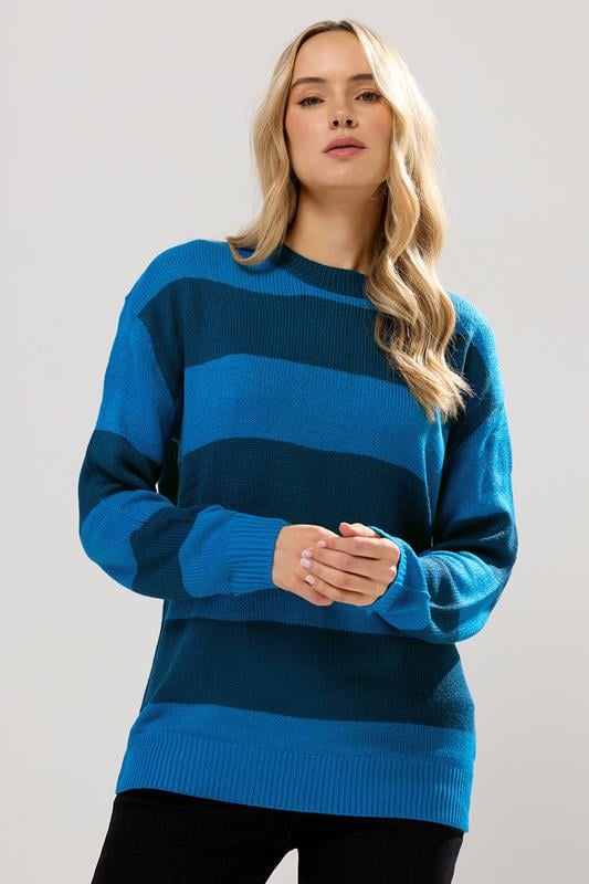 Tall  LTS Tall Blue Knitted Stripe Crew Neck Jumper