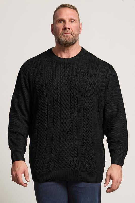 JACK & JONES Big & Tall Black Cable Knit Jumper