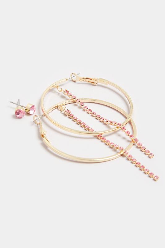 2 PACK Pink & Gold Tone Diamante Stud and Hoop Earring Set | Yours Clothing 4