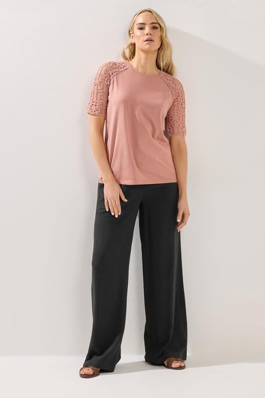 LTS Tall Women's Pink Crochet Raglan Cotton T-Shirt | Long Tall Sally 1