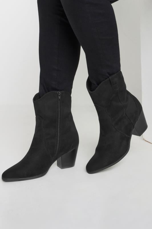 Black Faux Suede Western Heel Ankle Boots In Extra Wide EEE Fit | Yours Clothing 1