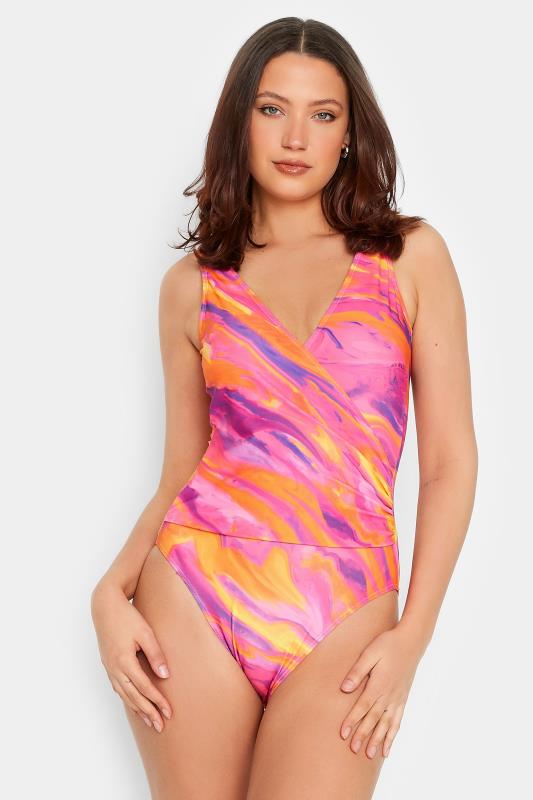 LTS Tall Women's Bright Pink Marble Print Wrap Swimsuit | Long Tall Sally 1