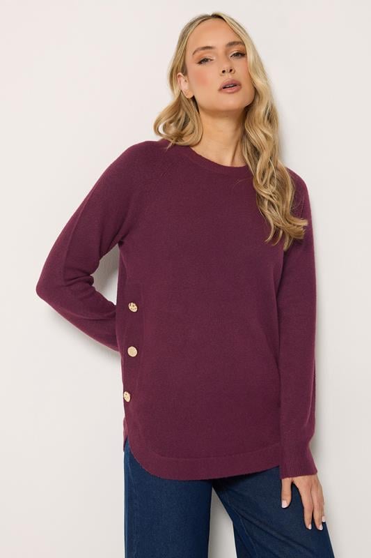LTS Tall Women's Dark Red Longline Button Knitted Jumper | Long Tall Sally 1