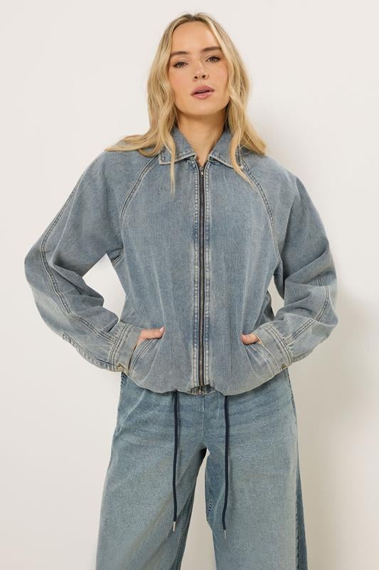 LTS Tall Women's Blue Washed Denim Bomber Jacket | Long Tall Sally 2